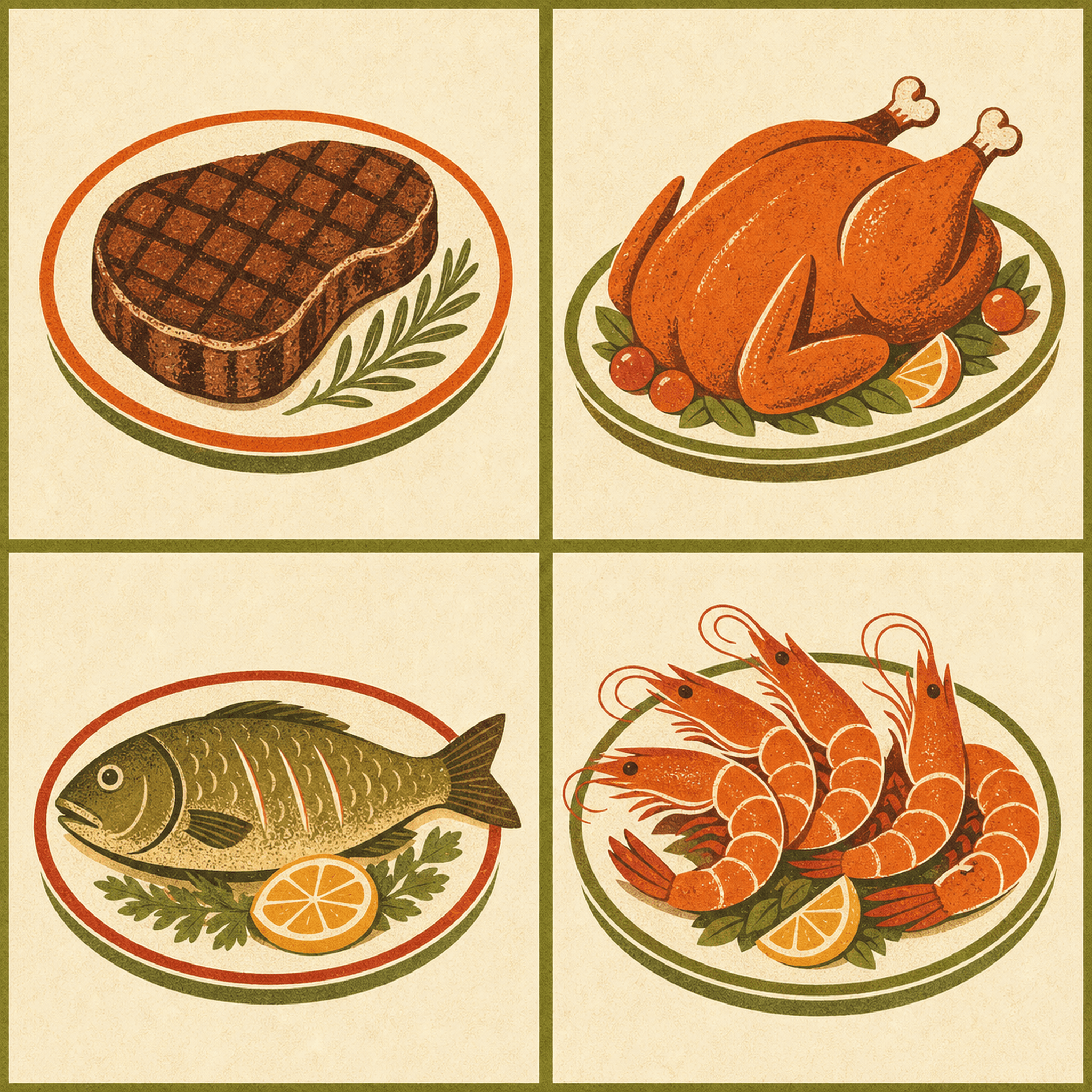 Vintage cookbook illustration: roast chicken and grilled steak