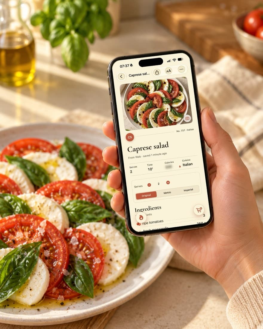 A hand holding an iPhone with a caprese salad recipe open in Recipe Grab, over the same salad on a plate