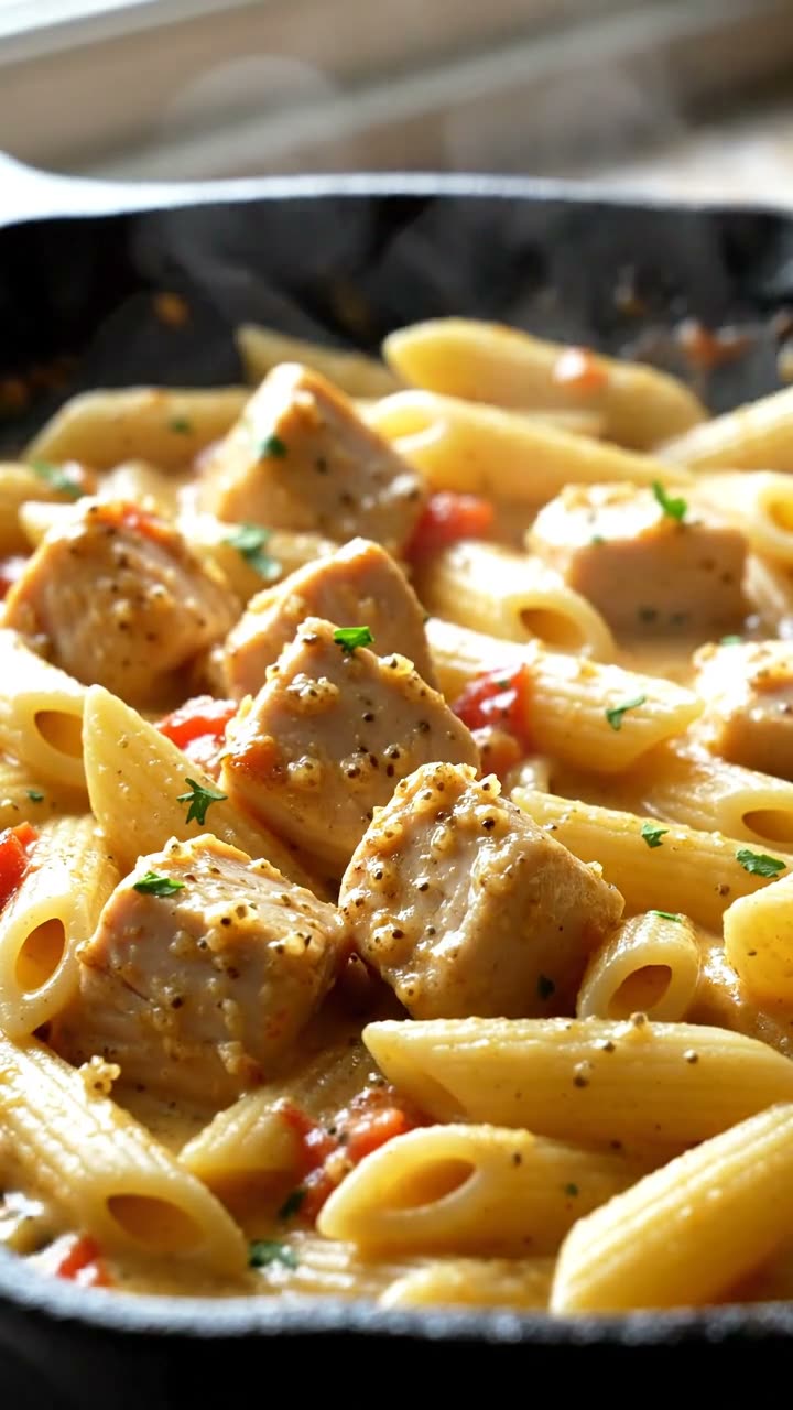 A skillet of finished one-pan chicken pasta with garlic butter